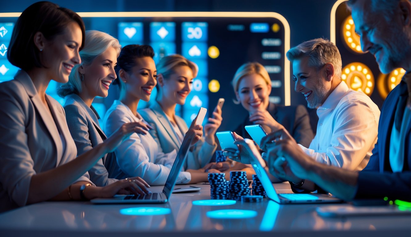 Sekelompok orang dewasa sedang menggunakan perangkat digital dengan ekspresi fokus dan antusias di lingkungan modern yang menggambarkan aktivitas judi online.