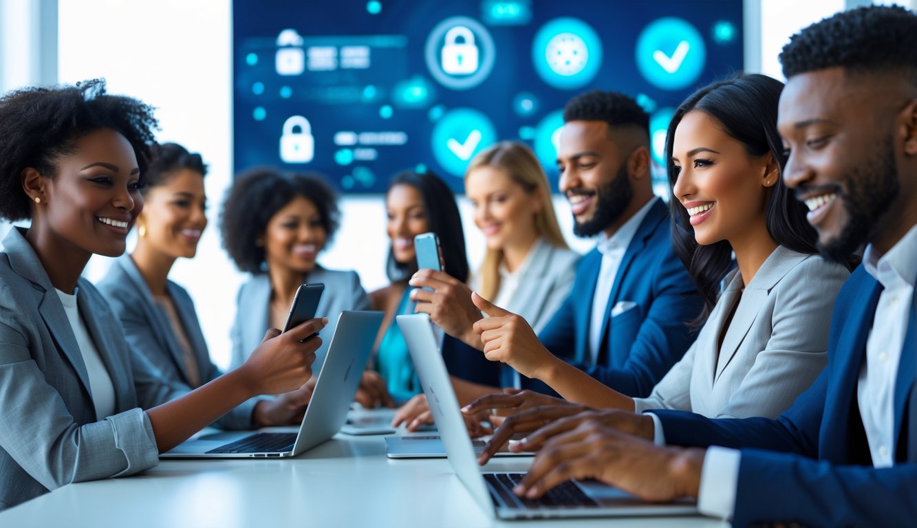 Sekelompok orang menggunakan perangkat digital dalam suasana yang aman dan terpercaya untuk judi online.