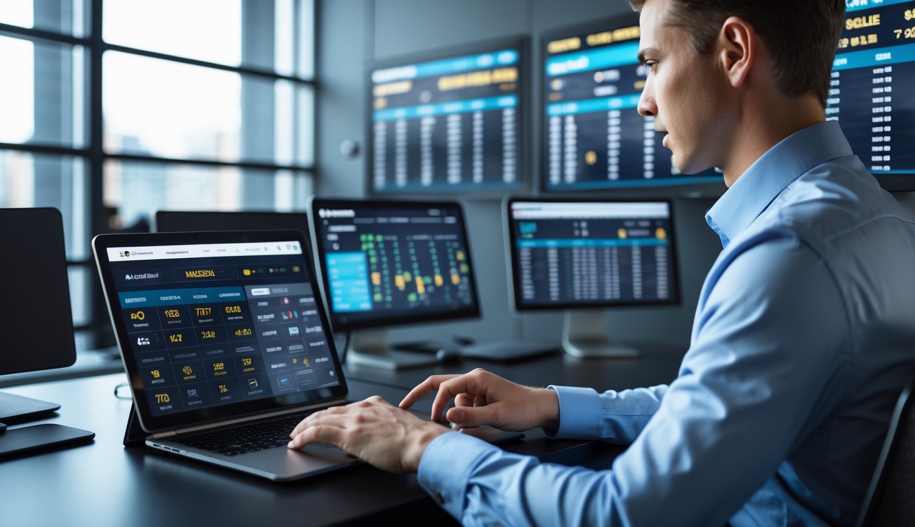 Seseorang sedang menggunakan perangkat digital di ruang kerja modern dengan layar yang menampilkan grafik dan ikon taruhan.