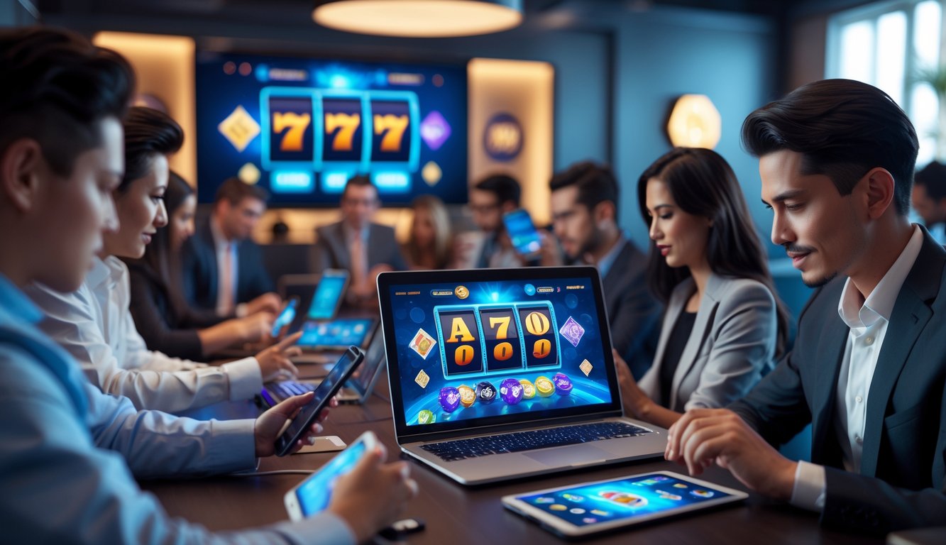 Beberapa orang menggunakan perangkat digital untuk bermain judi online di sebuah ruangan yang terang dan modern.