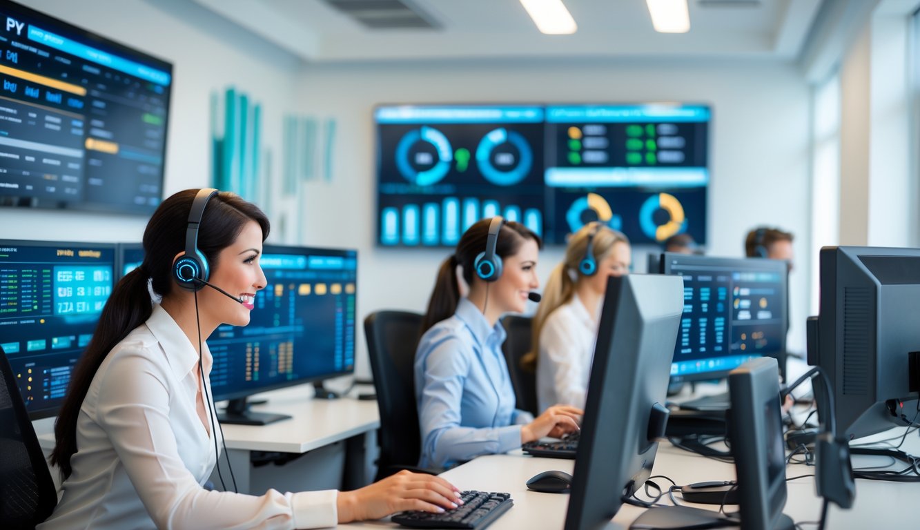 Pusat layanan pelanggan modern dengan staf yang ramah menggunakan headset di kantor terang dan bersih, bekerja sepanjang waktu dengan komputer.