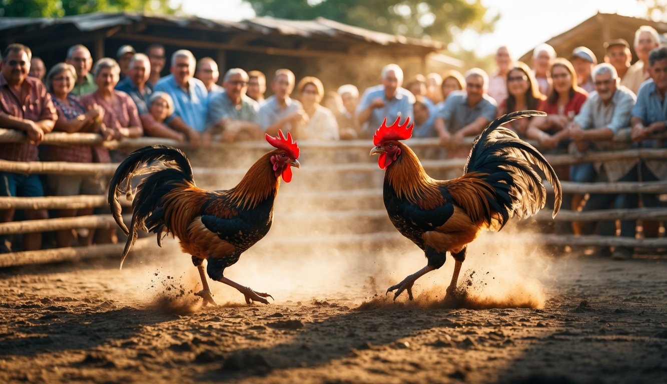 Dua ayam jago sedang bertarung di arena kayu dengan penonton yang antusias menyaksikan dari sekitar.