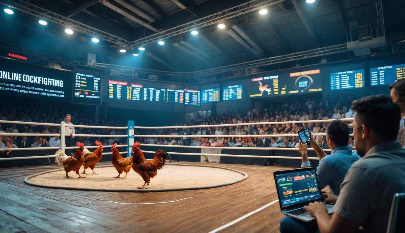 Arena sabung ayam resmi dengan ayam jantan sedang bertarung dan penonton yang memperhatikan dengan serius.