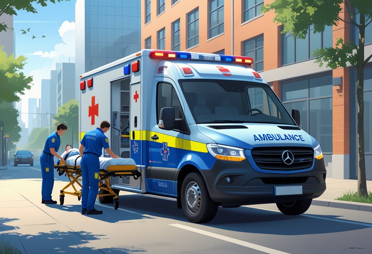 Uma ambulância de suporte básico estacionada na rua com paramédicos atendendo um paciente em uma maca ao lado do veículo.