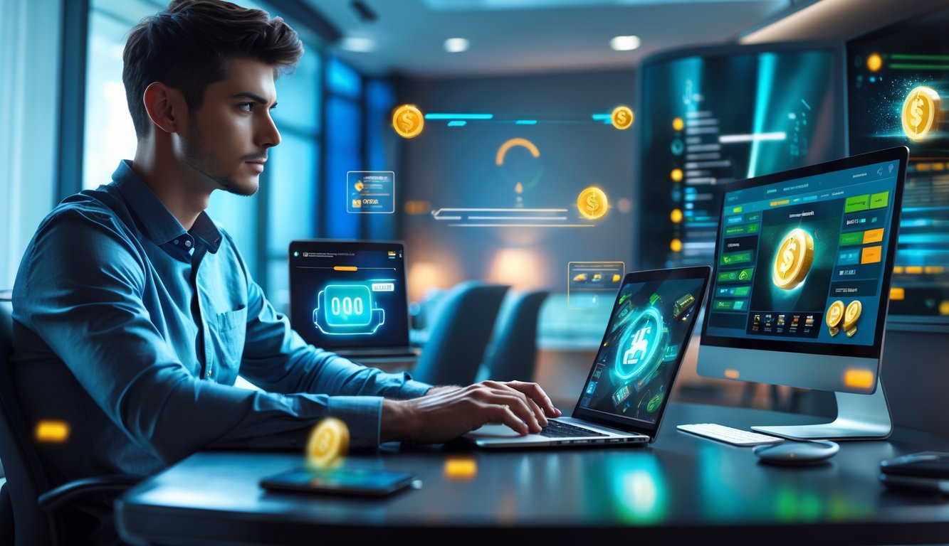 Seorang pria muda duduk di meja dengan laptop dan ponsel, menunjukkan suasana permainan daring dan transaksi cepat.