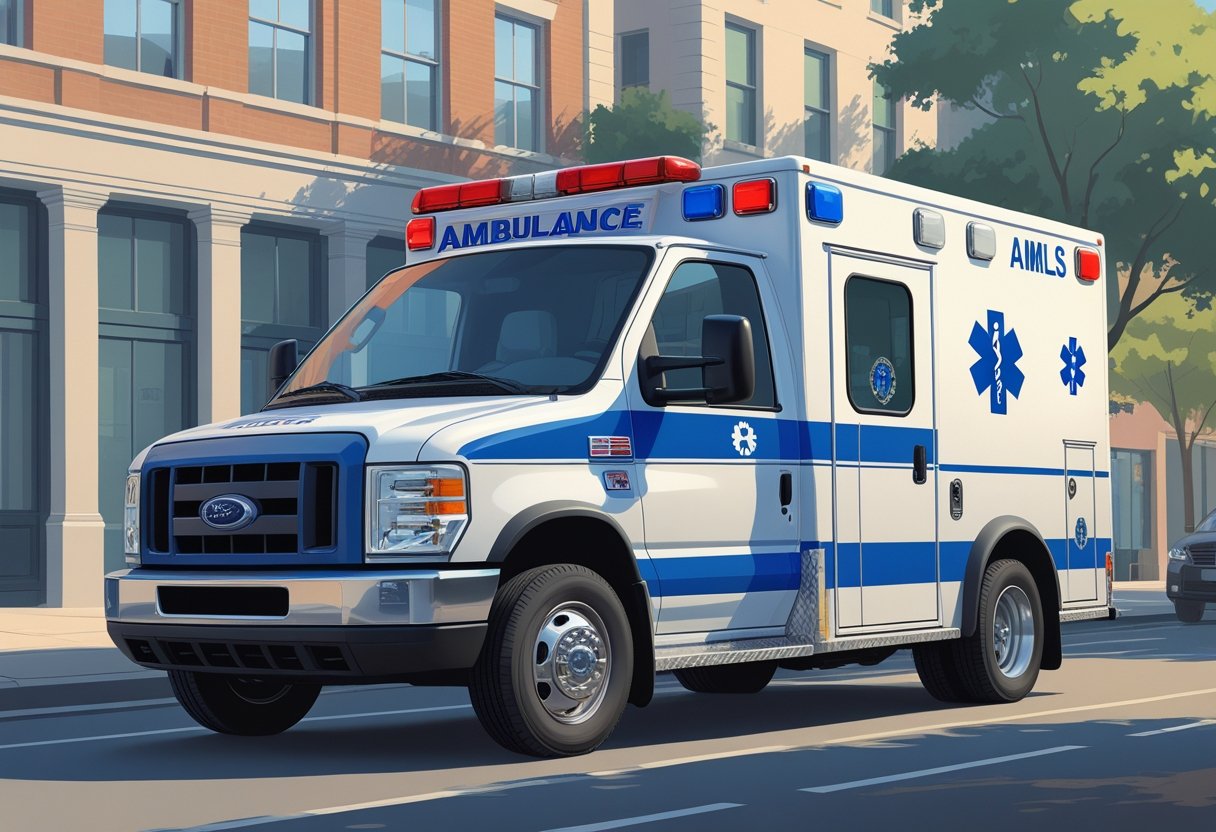 Uma ambulância de suporte básico estacionada em uma rua da cidade, mostrando detalhes do veículo e equipamentos médicos visíveis pelas janelas.