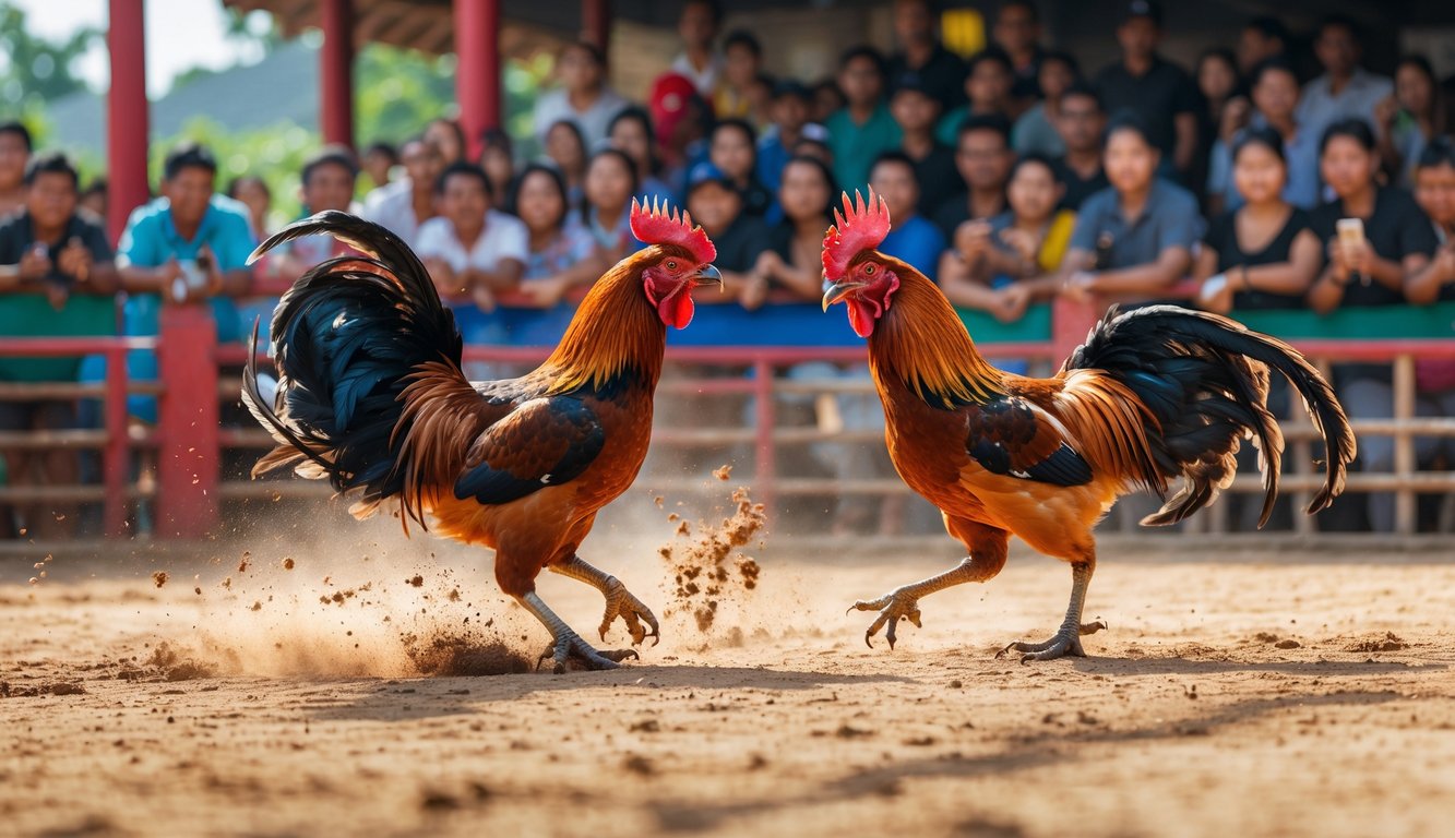 Dua ayam jago sedang bertarung di arena dengan penonton yang antusias menyaksikan di latar belakang.