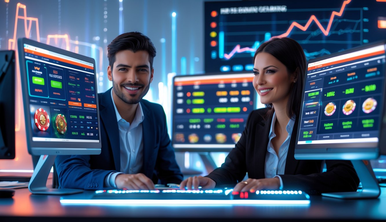 Dua orang muda duduk di depan komputer dengan layar menampilkan grafik dan permainan judi online, terlihat percaya diri dan senang.