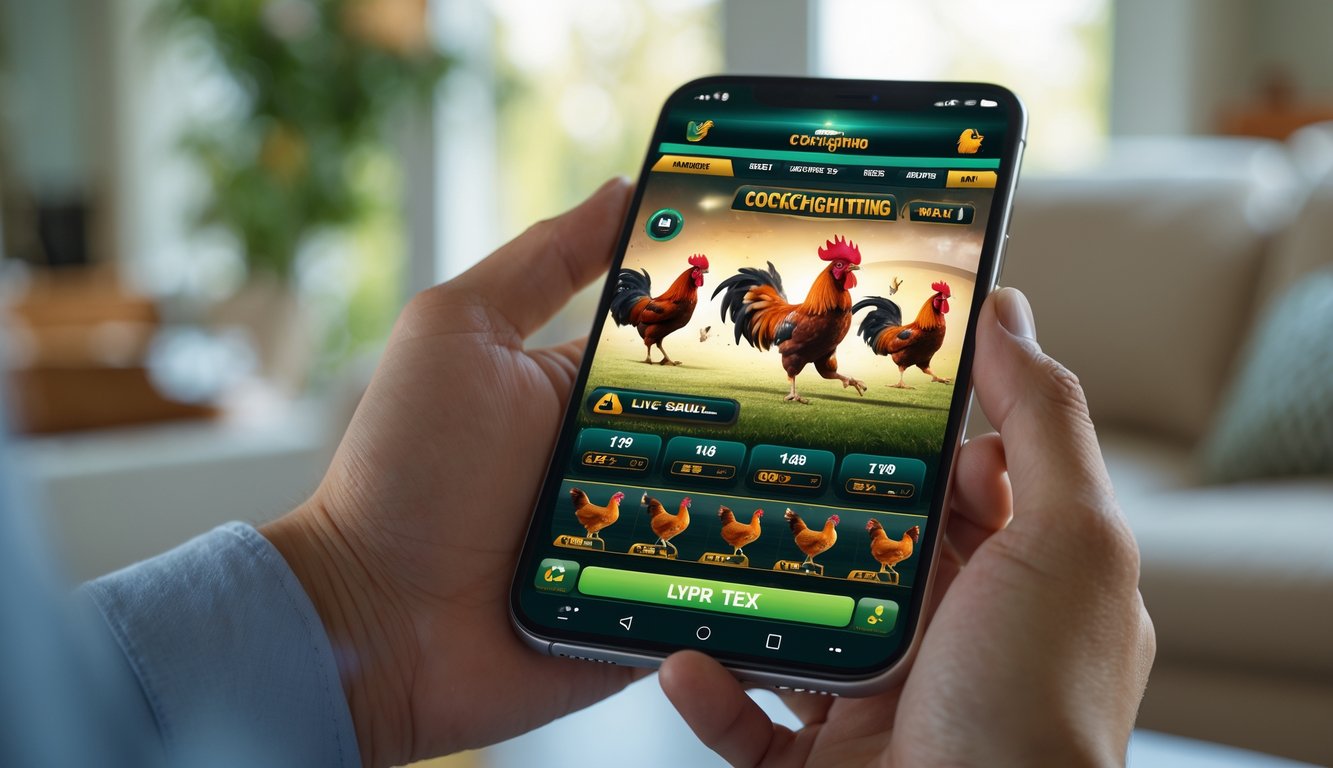 Seseorang memegang smartphone yang menampilkan pertandingan sabung ayam secara online di dalam ruangan yang nyaman.