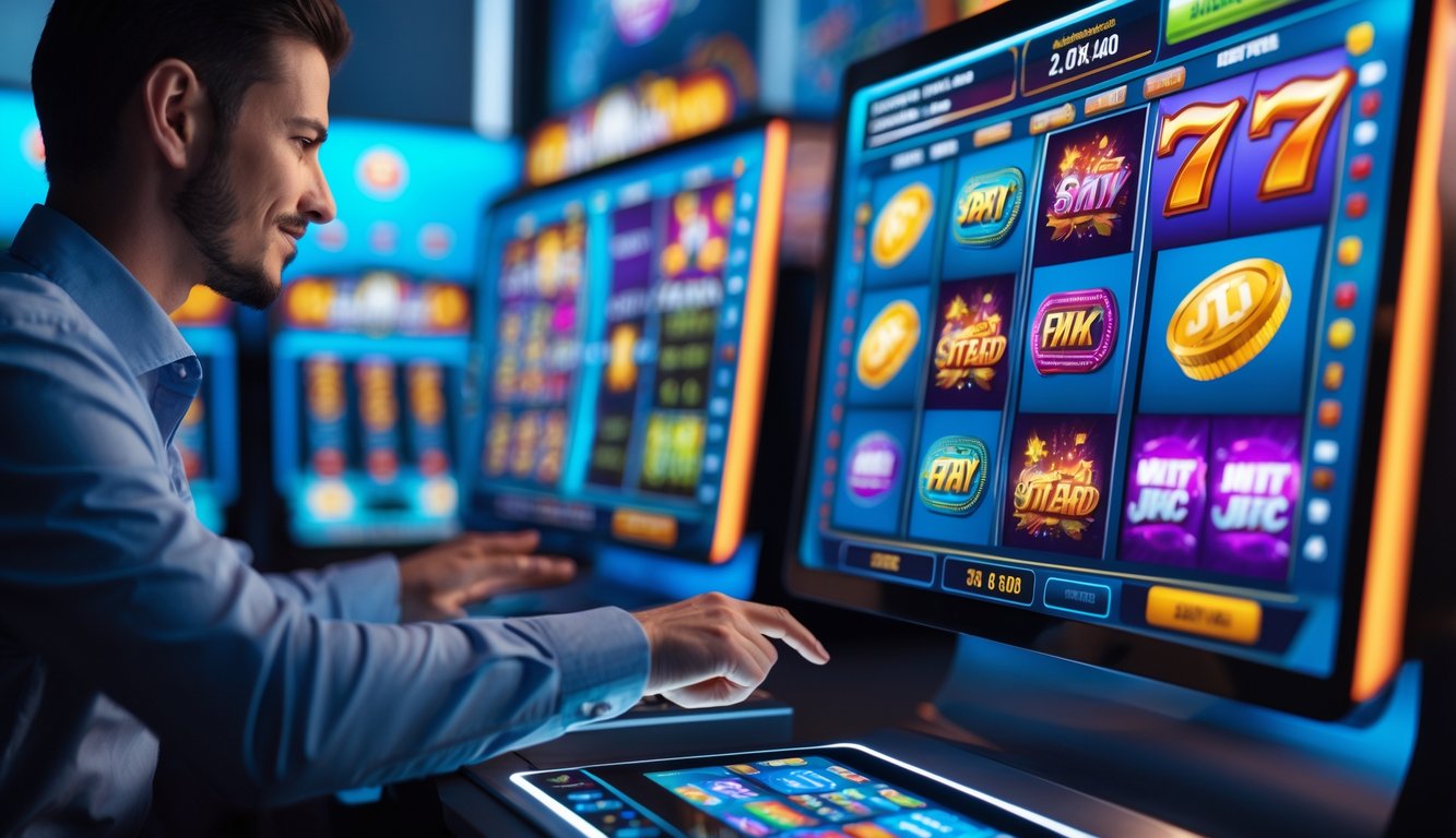 Orang menggunakan layar sentuh di depan beberapa layar yang menampilkan permainan mesin slot dengan tema warna-warni dan grafik yang menarik.