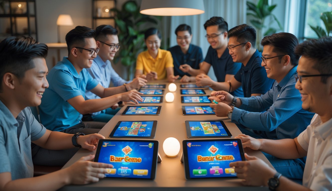 Sekelompok orang sedang bermain permainan kartu Bandar Ceme secara aktif di sebuah ruangan yang nyaman dengan perangkat digital.