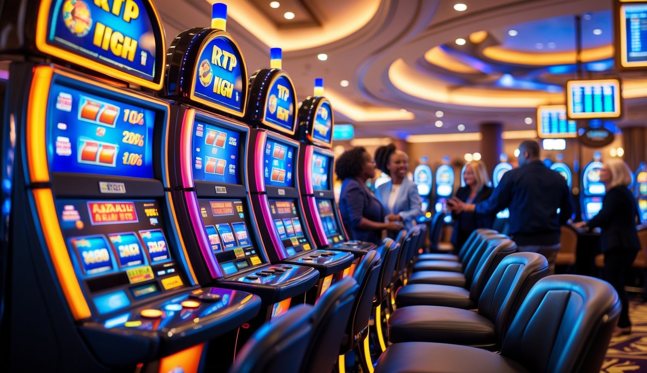 Suasana kasino modern dengan mesin slot berwarna-warni dan pemain yang terlihat senang sedang bermain.