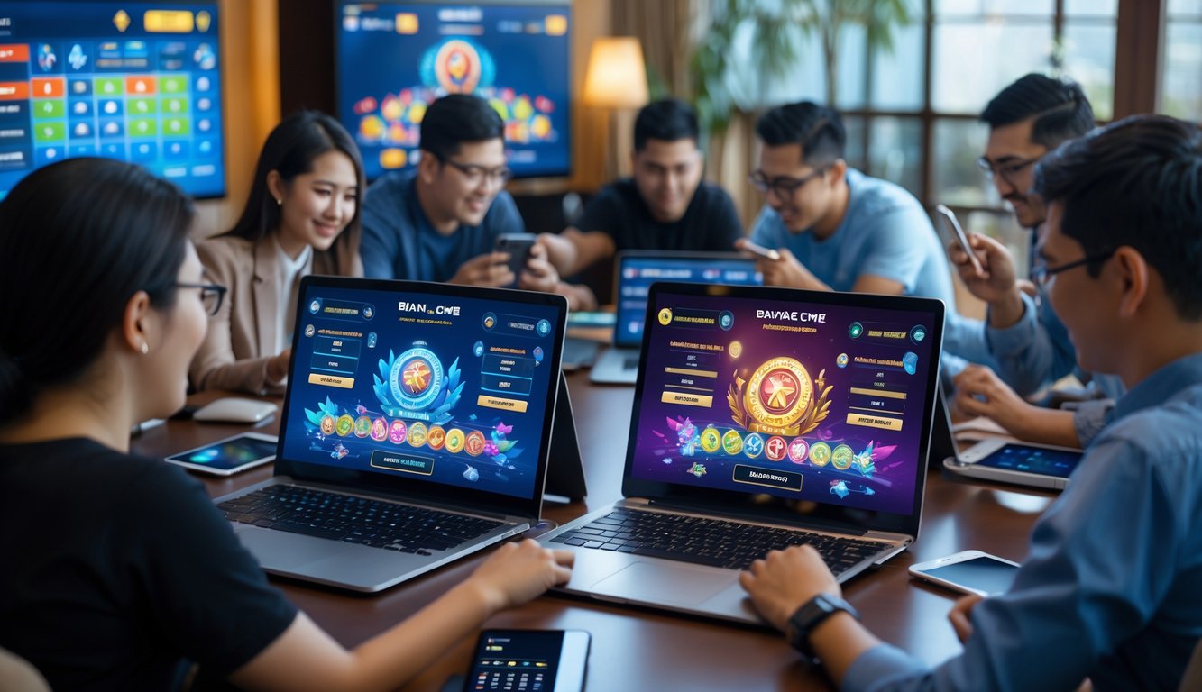 Sekelompok orang bermain permainan kartu Bandar Ceme secara online menggunakan perangkat digital di ruangan yang terang dan nyaman.