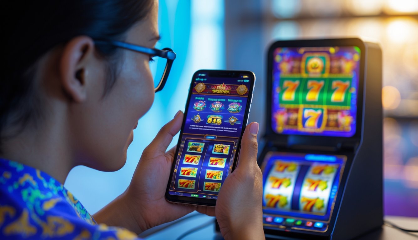 Seseorang menggunakan ponsel dengan permainan slot online yang berwarna-warni di layar dalam suasana modern dengan elemen budaya Indonesia.