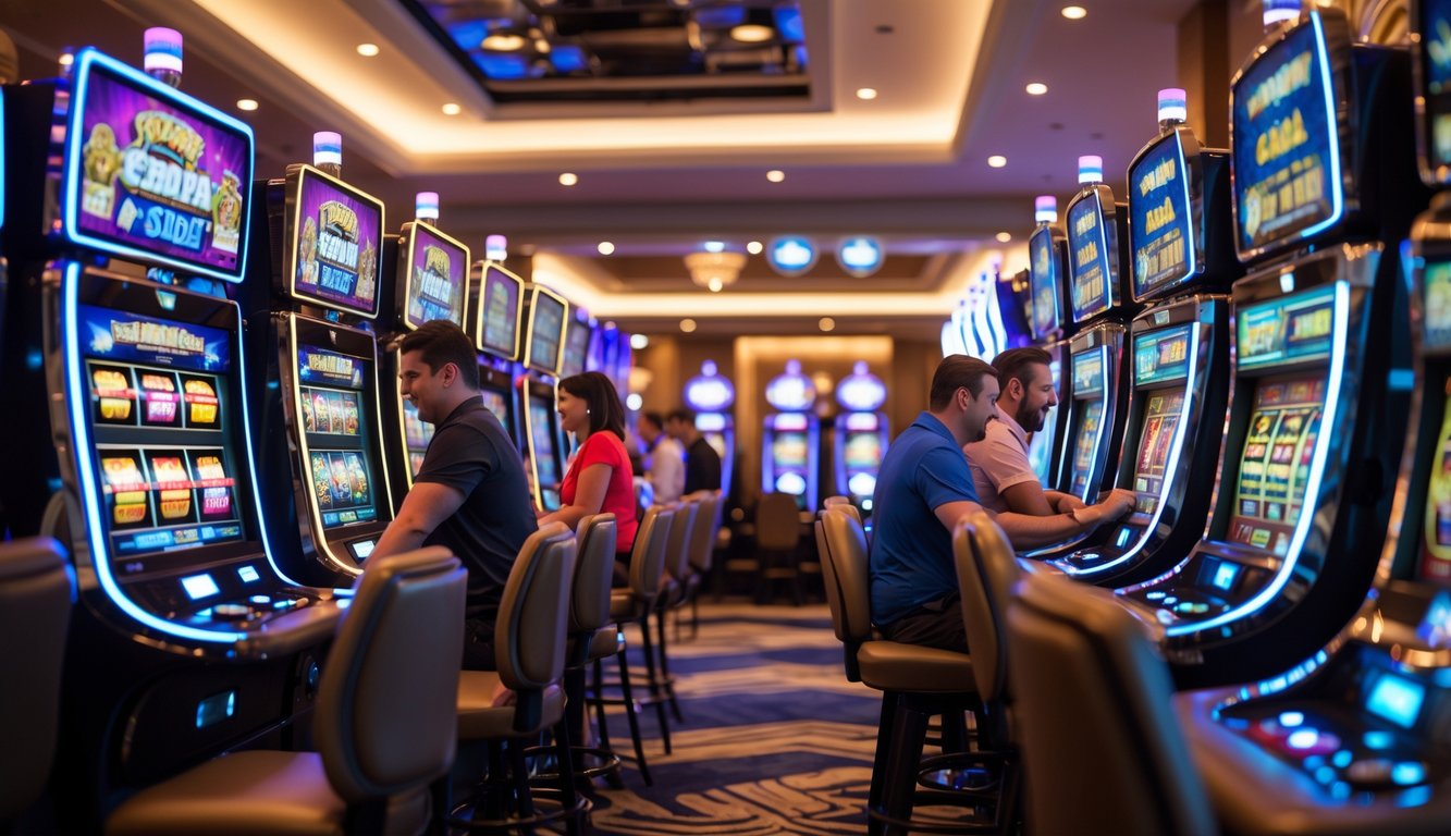 Orang-orang bermain mesin slot terbaru di dalam kasino modern dengan suasana terang dan mesin warna-warni.