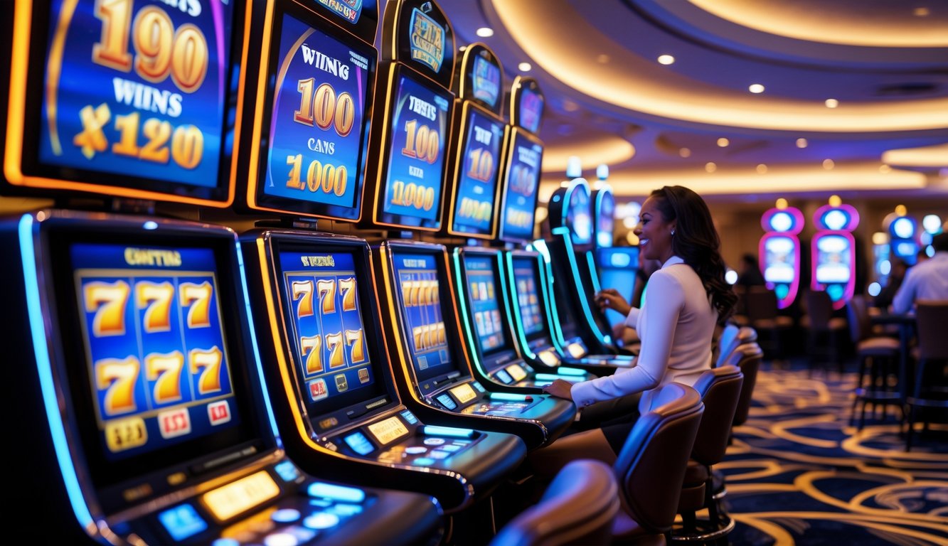 Suasana kasino modern dengan mesin slot yang menyala dan pemain yang terlihat senang bermain, menunjukkan pengalaman bermain yang adil dan menyenangkan.