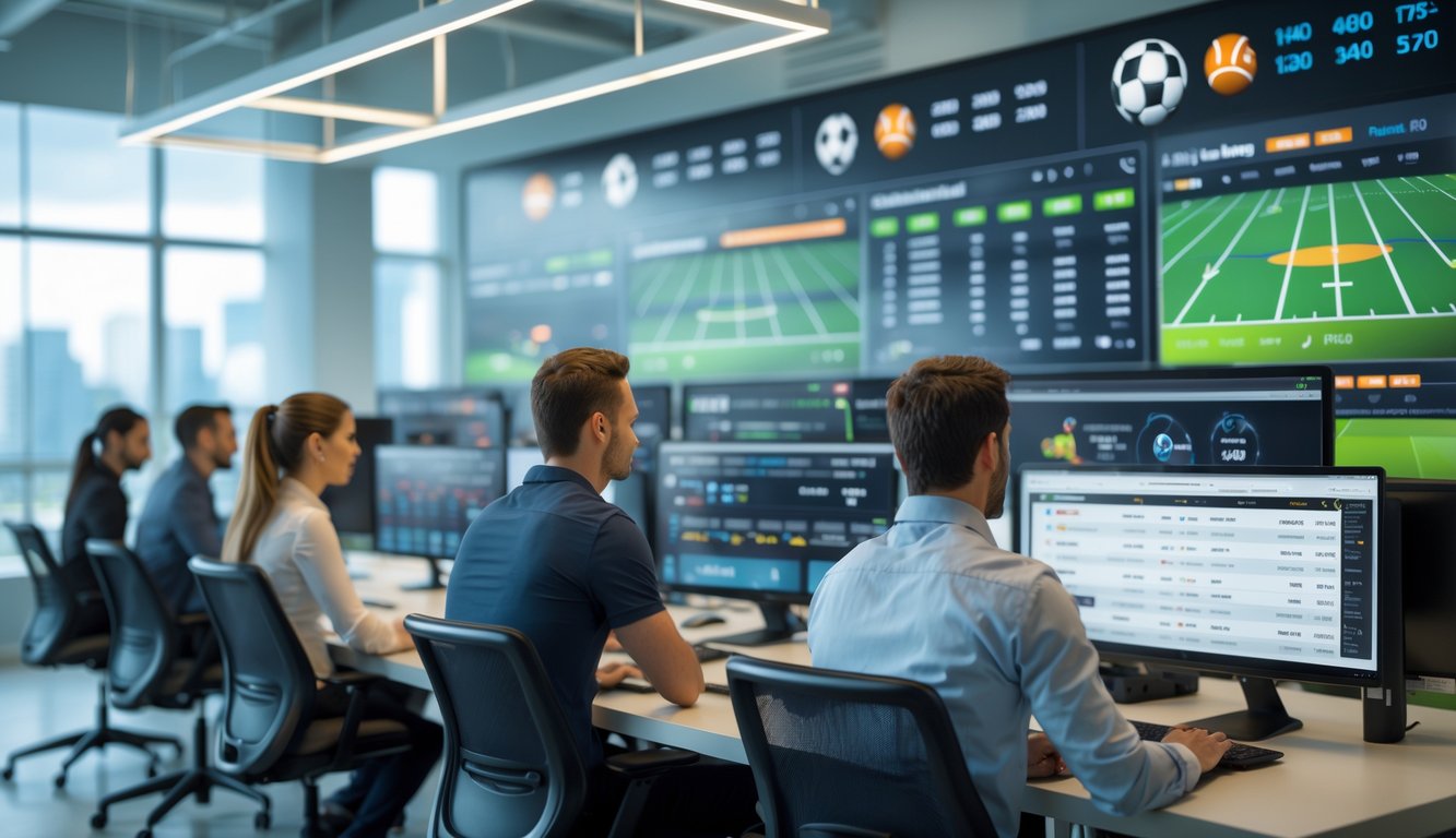 Beberapa orang sedang menggunakan komputer dengan tampilan pertandingan olahraga dan grafik odds waktu nyata di kantor modern.