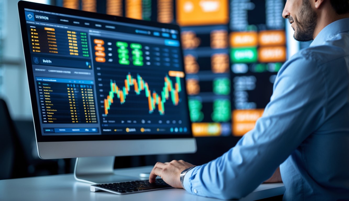 Seorang pengguna sedang berinteraksi dengan komputer yang menampilkan berbagai opsi taruhan online di sebuah ruang kerja modern.