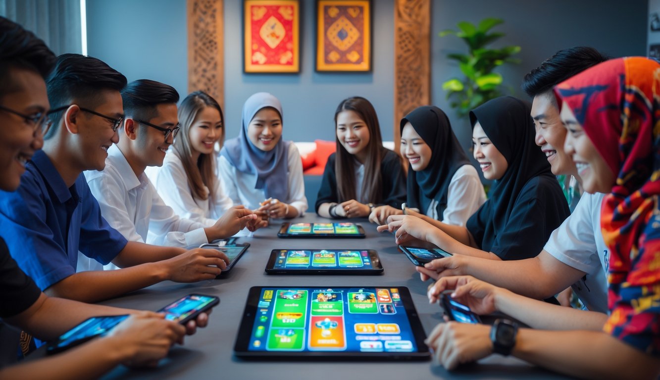 Sekelompok pemain muda Indonesia sedang bermain game kartu multiplayer secara online di sebuah ruangan modern dengan perangkat digital.