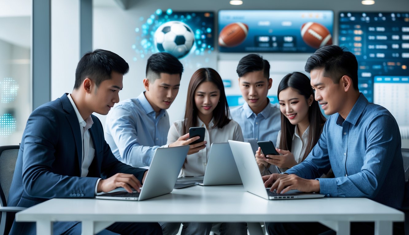 Sekelompok orang muda menggunakan laptop dan ponsel di kantor modern dengan elemen olahraga dan teknologi di latar belakang.