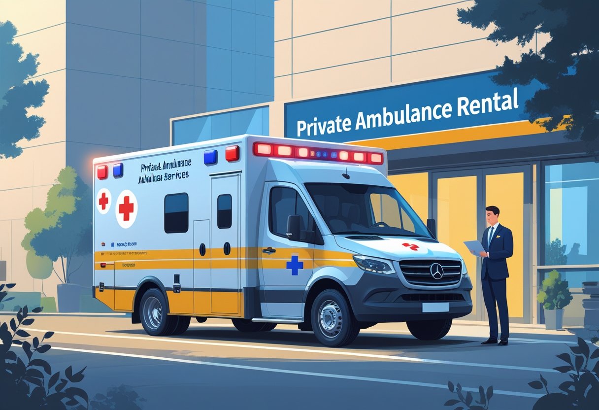 Uma ambulância moderna estacionada em frente a um hospital, com um profissional de saúde conversando com um cliente próximo.