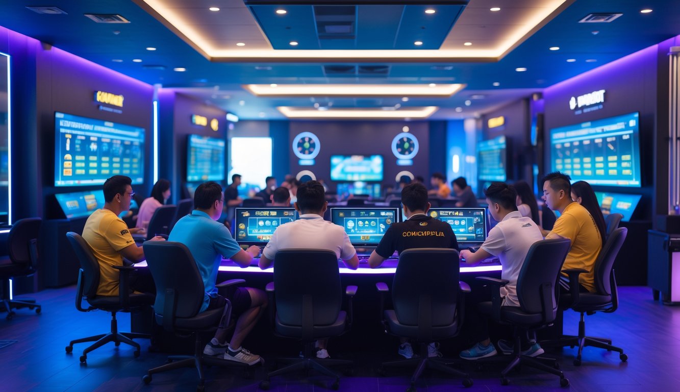 Sekelompok pemain dewasa sedang bermain Bandar Ceme di ruang permainan modern dengan layar digital dan pencahayaan ambient.