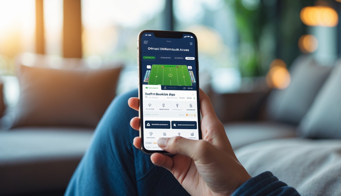 Seseorang memegang ponsel yang menampilkan antarmuka aplikasi taruhan olahraga yang mudah digunakan dalam suasana santai.