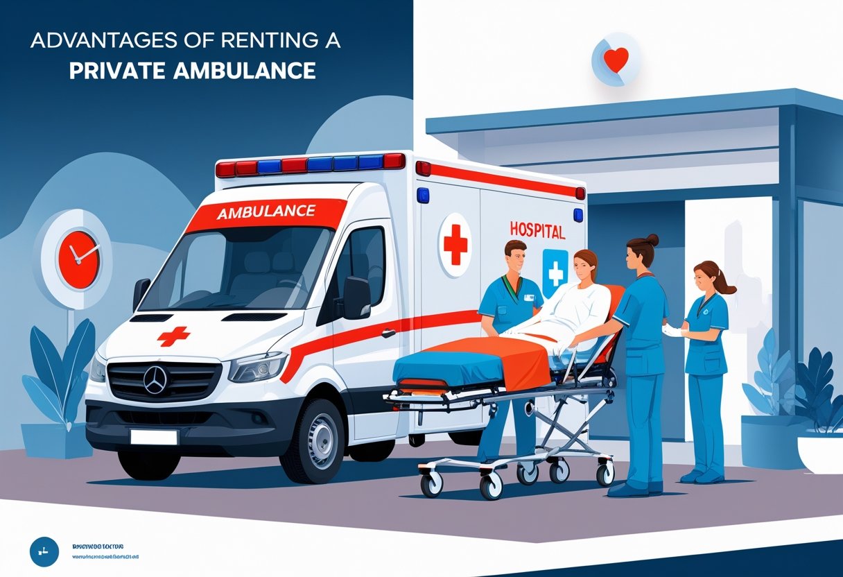 Ambulância particular moderna estacionada em frente a um hospital, com profissionais de saúde ajudando um paciente em uma maca.