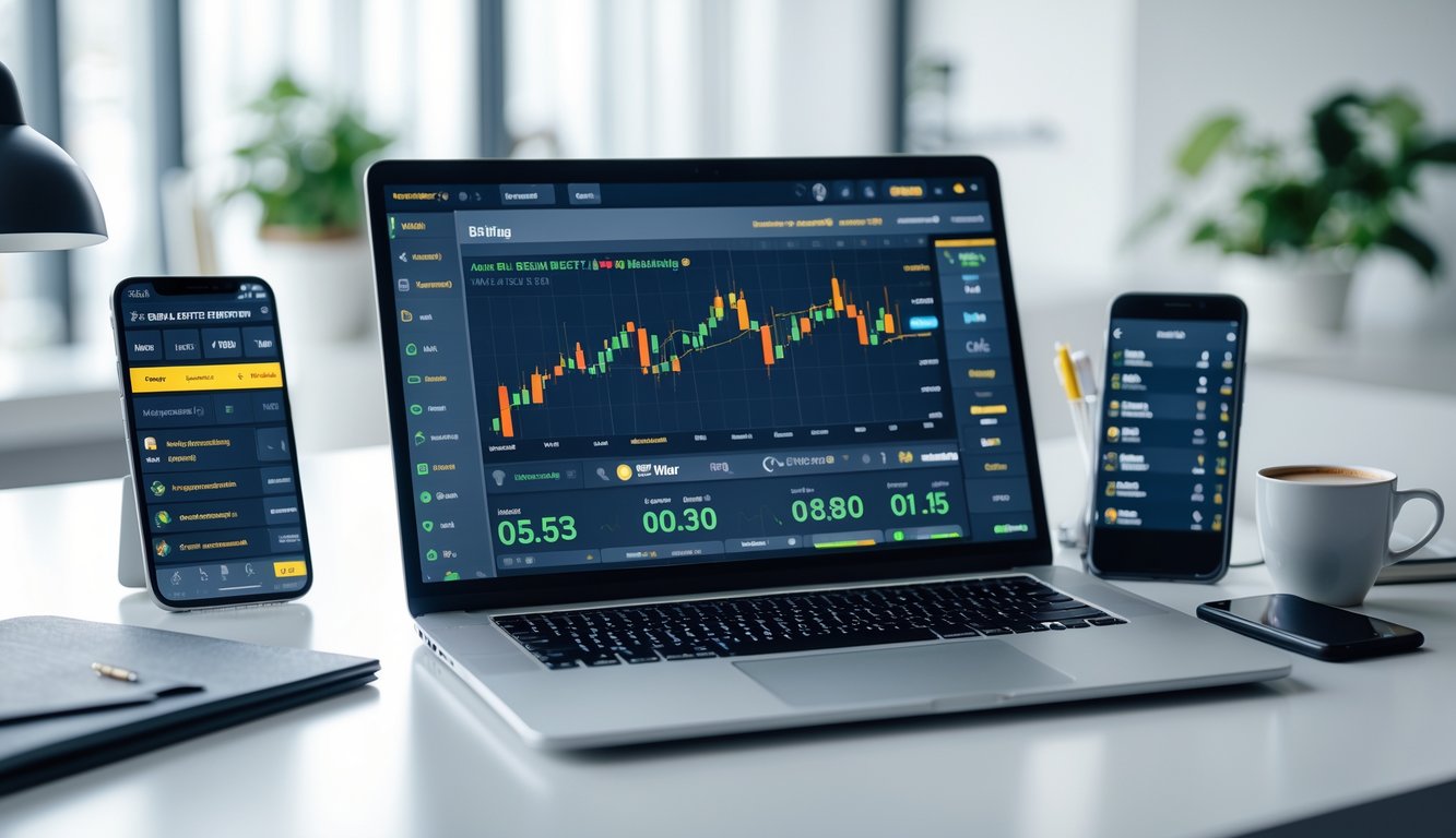 Seorang pria menggunakan laptop di meja kerja dengan tampilan antarmuka taruhan online dan elemen yang menunjukkan pembaruan pasar harian.