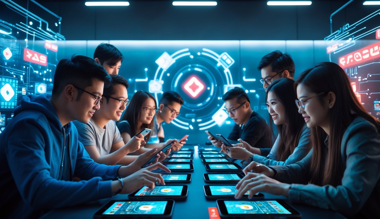 Sekelompok orang muda bermain permainan kartu Bandar Ceme secara multiplayer menggunakan perangkat digital dalam ruangan modern dengan suasana kompetitif dan teknologi server cepat.