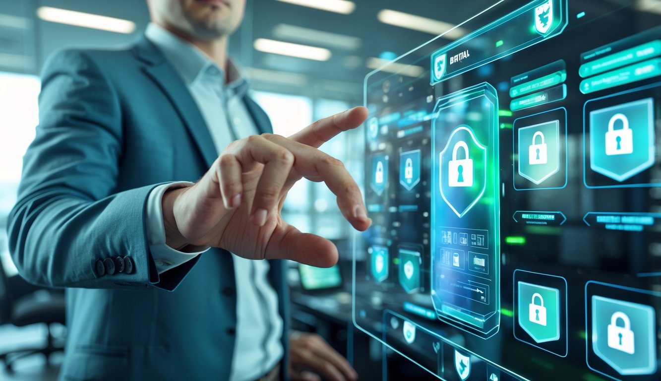 Seseorang menggunakan antarmuka digital modern dengan ikon keamanan di latar kantor yang bersih dan terang.