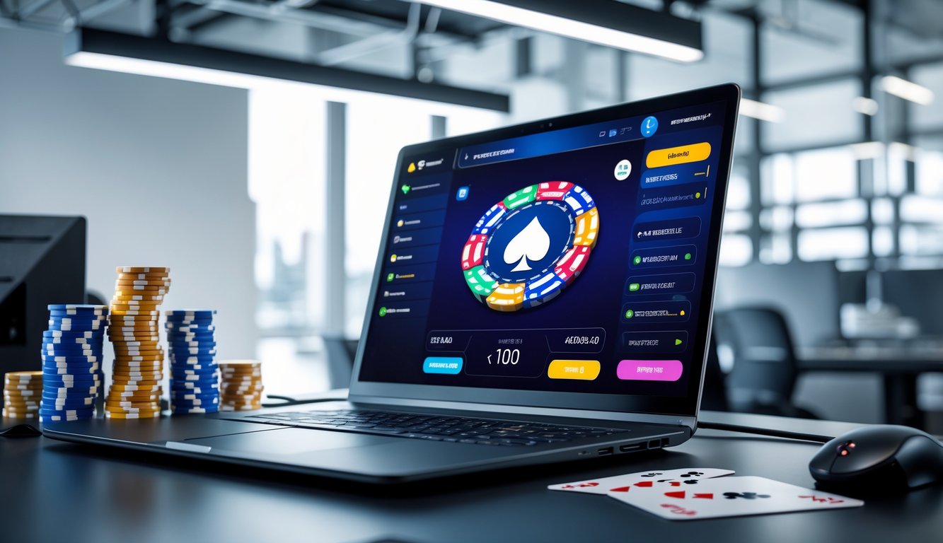 Seorang pemain poker online menggunakan komputer dengan tampilan permainan poker dan chip berwarna-warni di meja yang rapi dan terang.