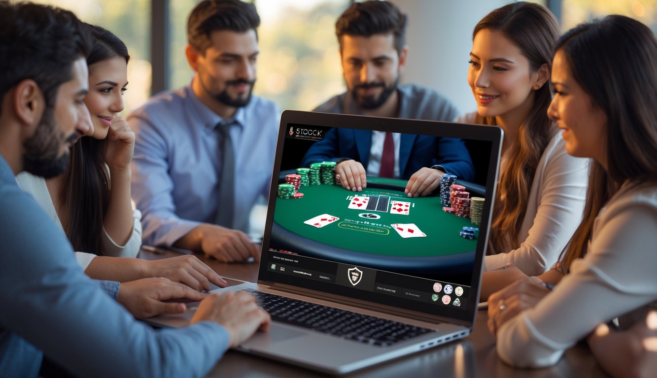 Beberapa orang sedang bermain poker online di depan laptop di sebuah ruang kerja modern.
