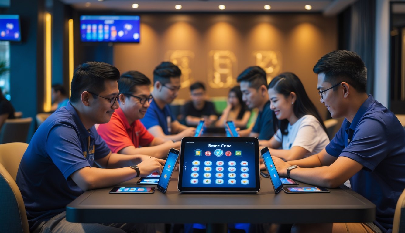 Sekelompok orang bermain permainan kartu Bandar Ceme secara real time di sebuah ruang permainan modern yang nyaman.