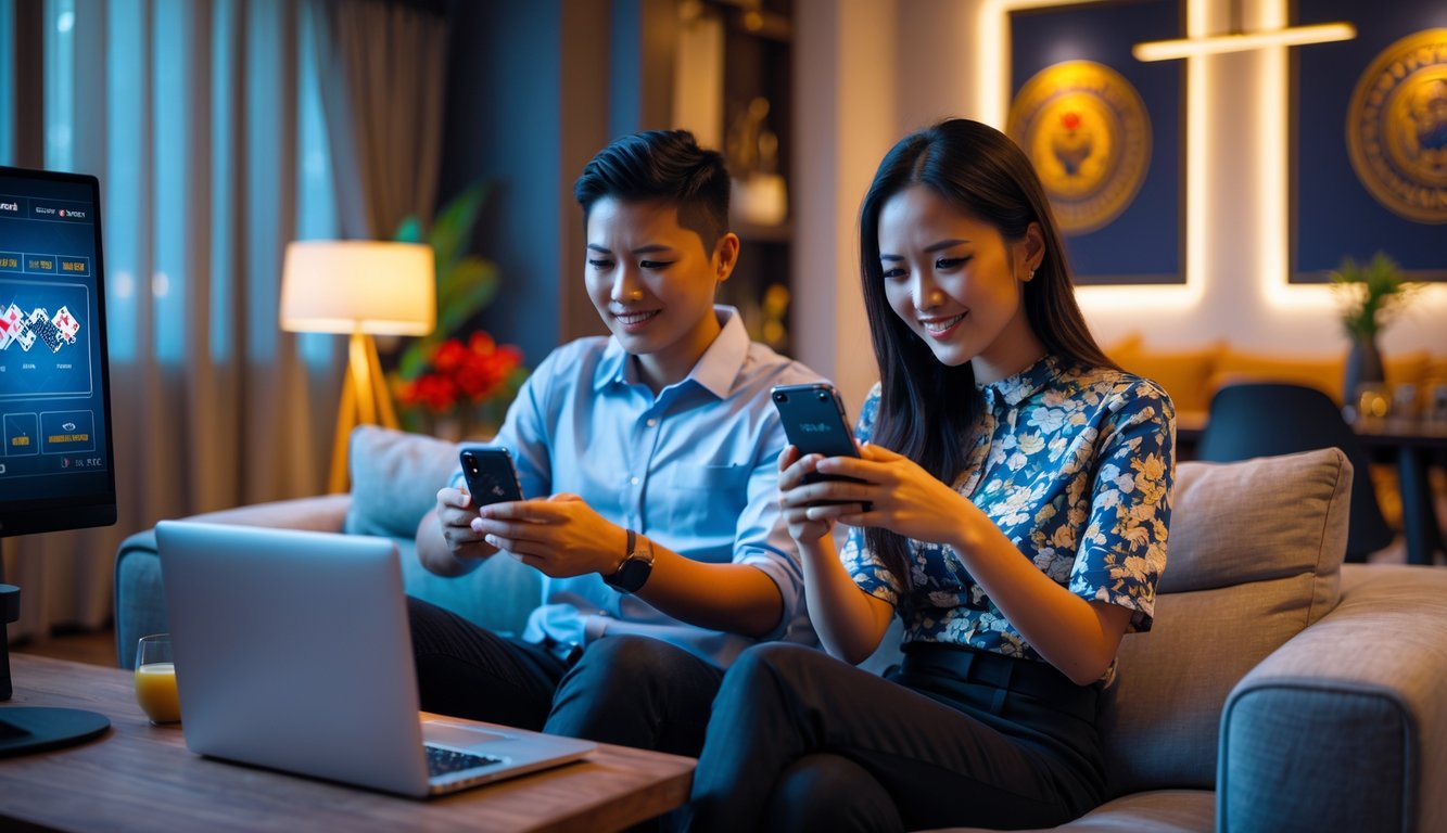 Seorang pria dan wanita Indonesia duduk di sofa sambil bermain poker online menggunakan ponsel di ruang tamu yang nyaman.