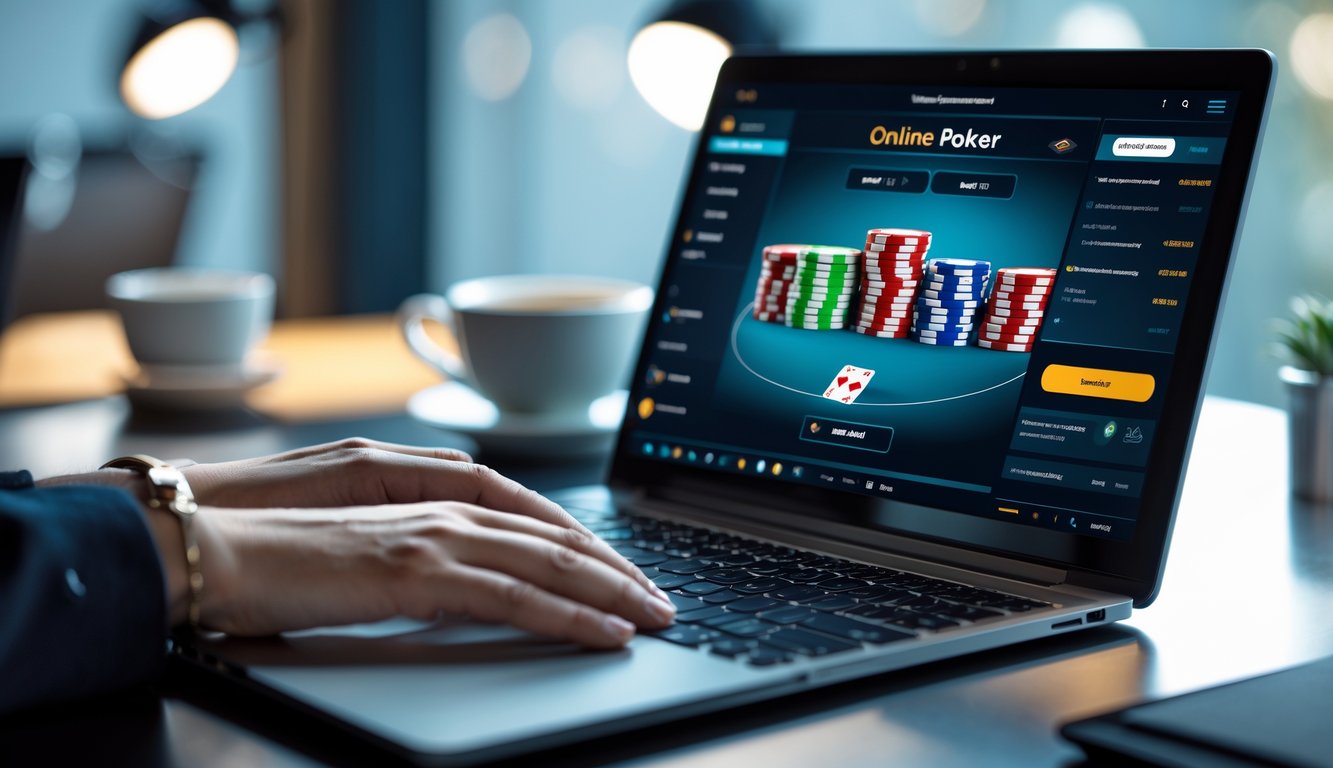 Seseorang sedang bermain poker online di laptop di meja kerja yang rapi dengan pencahayaan yang baik.
