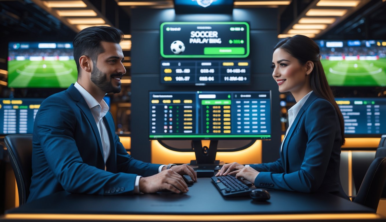 Dua orang sedang duduk di meja dengan beberapa layar yang menampilkan statistik sepak bola dan informasi taruhan.
