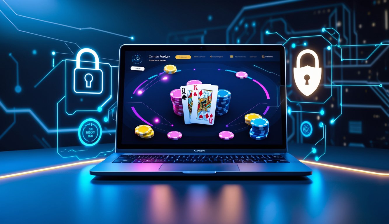 Seorang pemain poker online menggunakan laptop dengan tampilan permainan poker dan ikon keamanan digital di latar belakang.