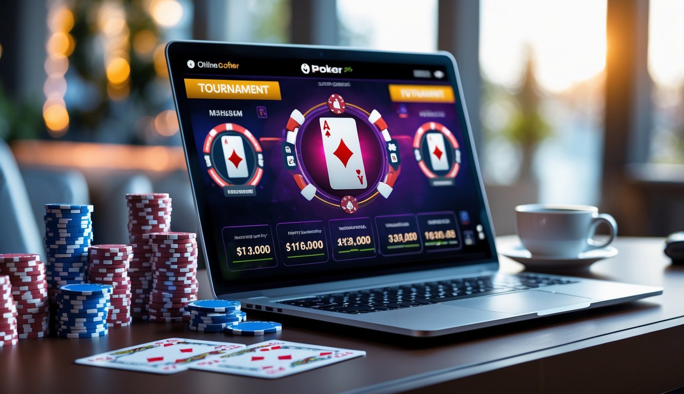 Seorang pemain poker online sedang bermain di depan layar komputer dengan chip poker dan kartu di meja.