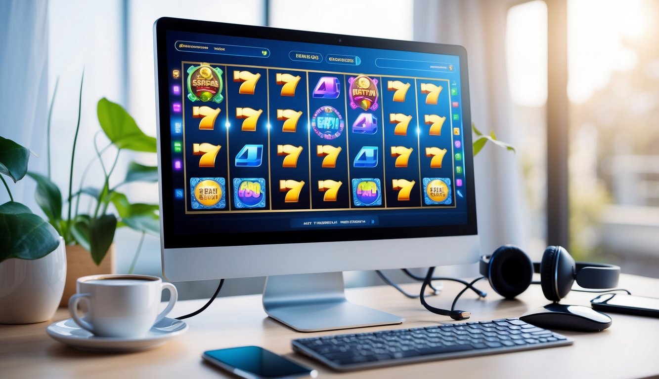 Sebuah meja kerja modern dengan komputer menampilkan permainan slot online berwarna-warni dan suasana yang nyaman untuk bermain game.