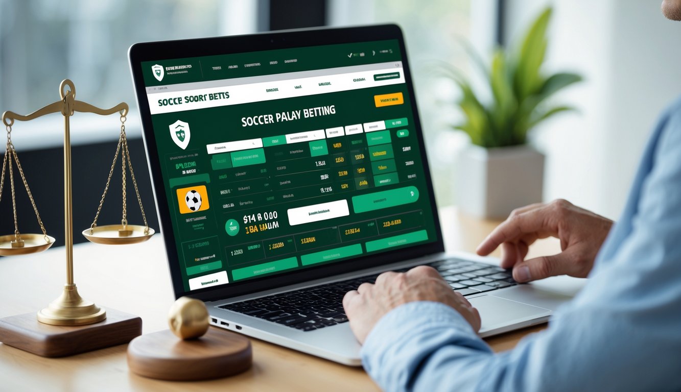 Seorang pria menggunakan komputer di meja kerja yang rapi dengan ikon keamanan dan simbol keadilan di latar belakang, menggambarkan lingkungan taruhan sepak bola online yang aman dan terpercaya.