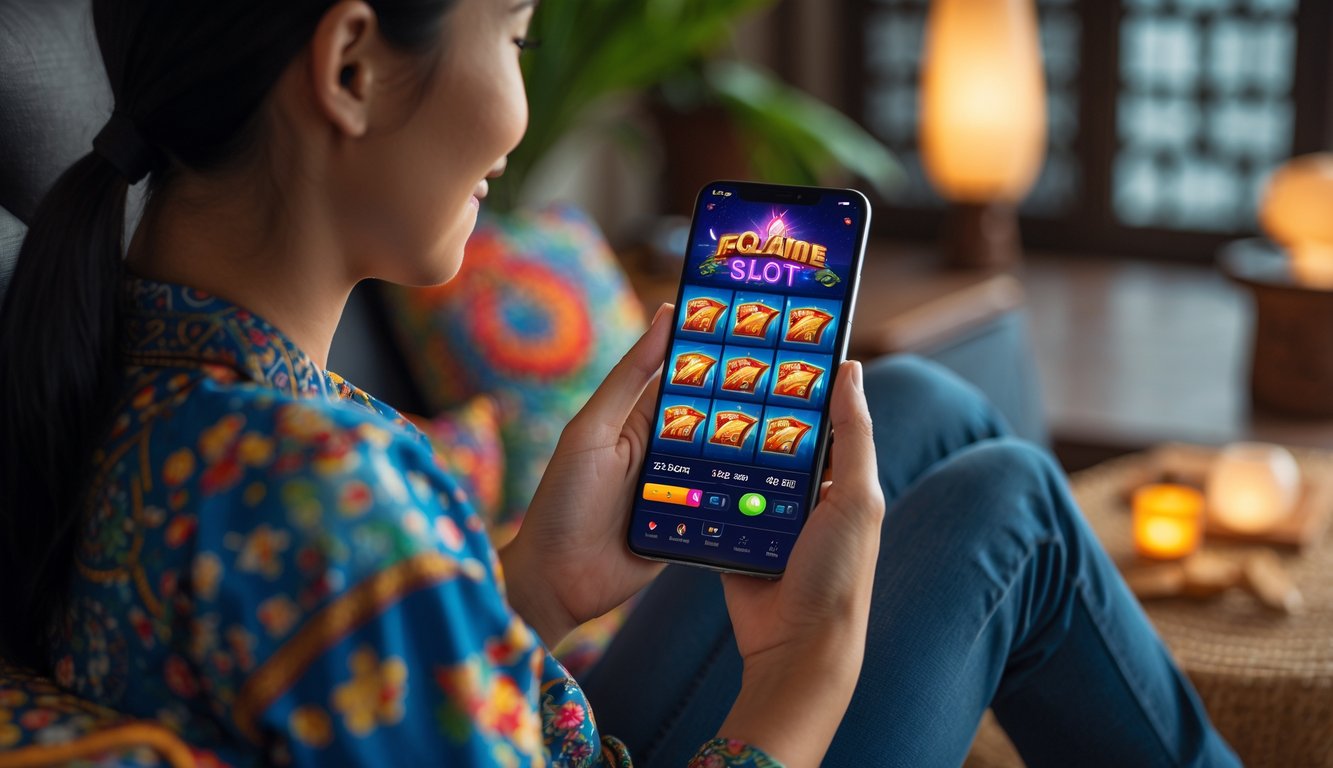 Seseorang sedang bermain permainan slot online di ponsel di dalam ruangan yang nyaman dengan dekorasi tradisional Indonesia.