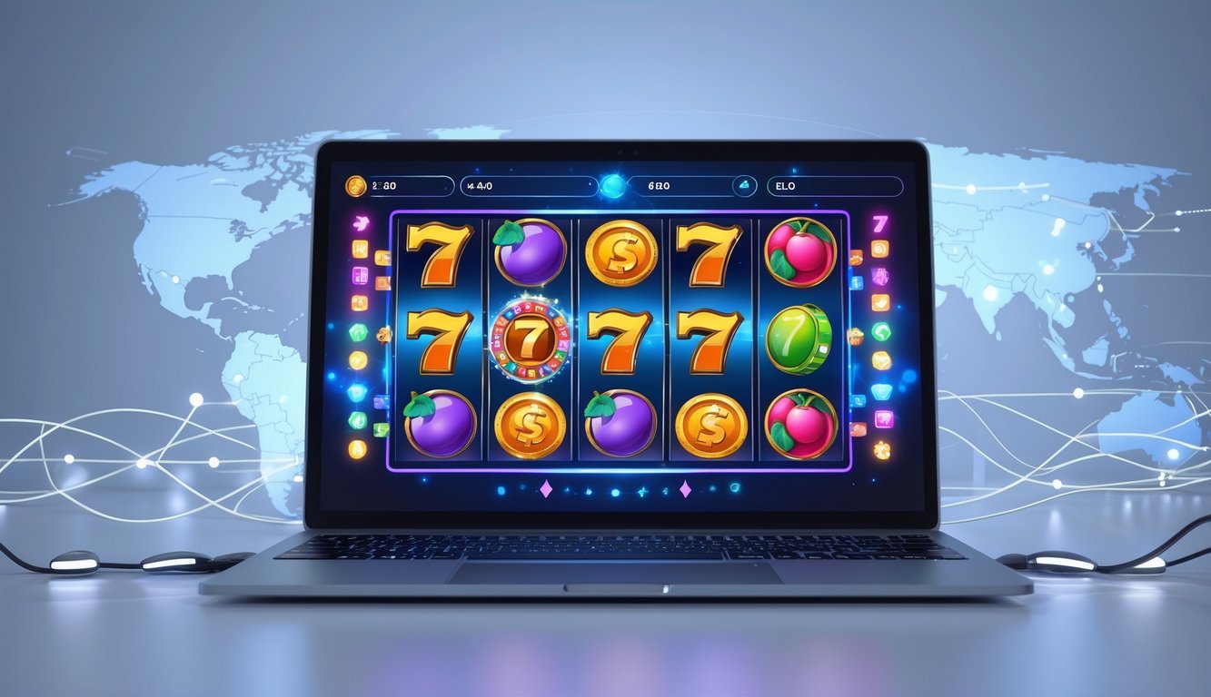 Layar komputer menampilkan permainan slot online dengan simbol warna-warni dan latar belakang peta dunia yang samar.