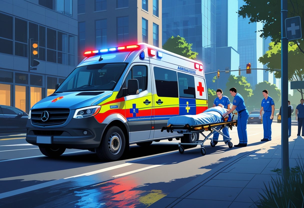 Uma ambulância de emergência com paramédicos atendendo um paciente em uma rua da cidade.