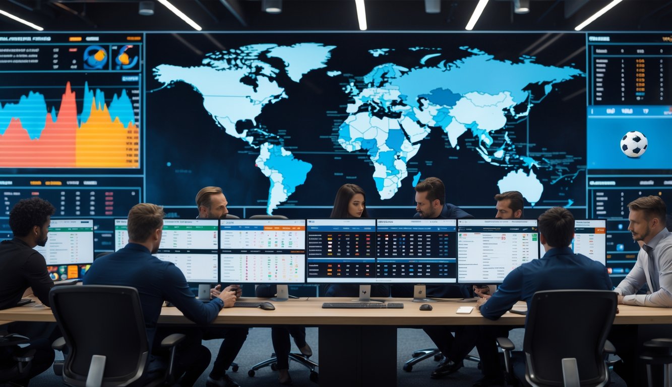 Orang-orang sedang melihat data taruhan sepak bola dunia di layar komputer di sebuah kantor modern.