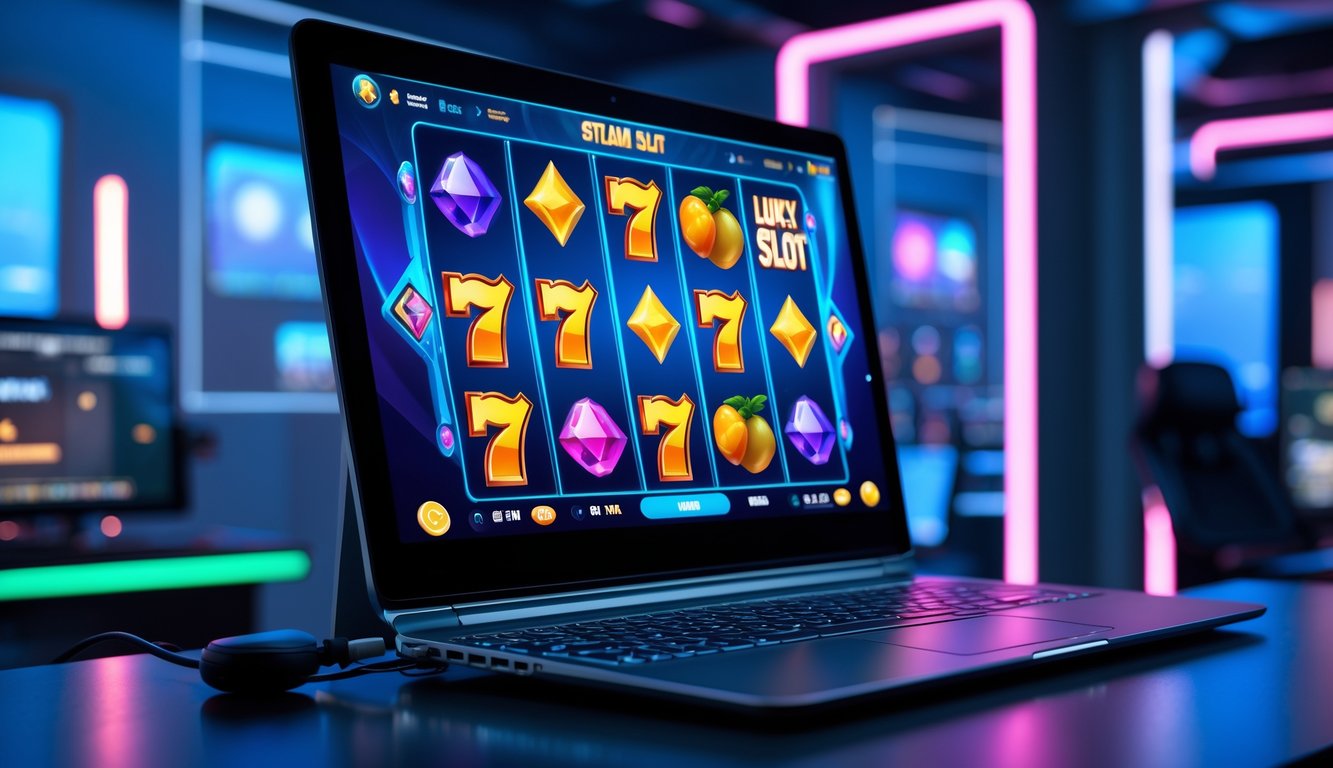 Seseorang sedang bermain game slot online terbaru di komputer dengan latar belakang ruangan modern dan pencahayaan yang menarik.