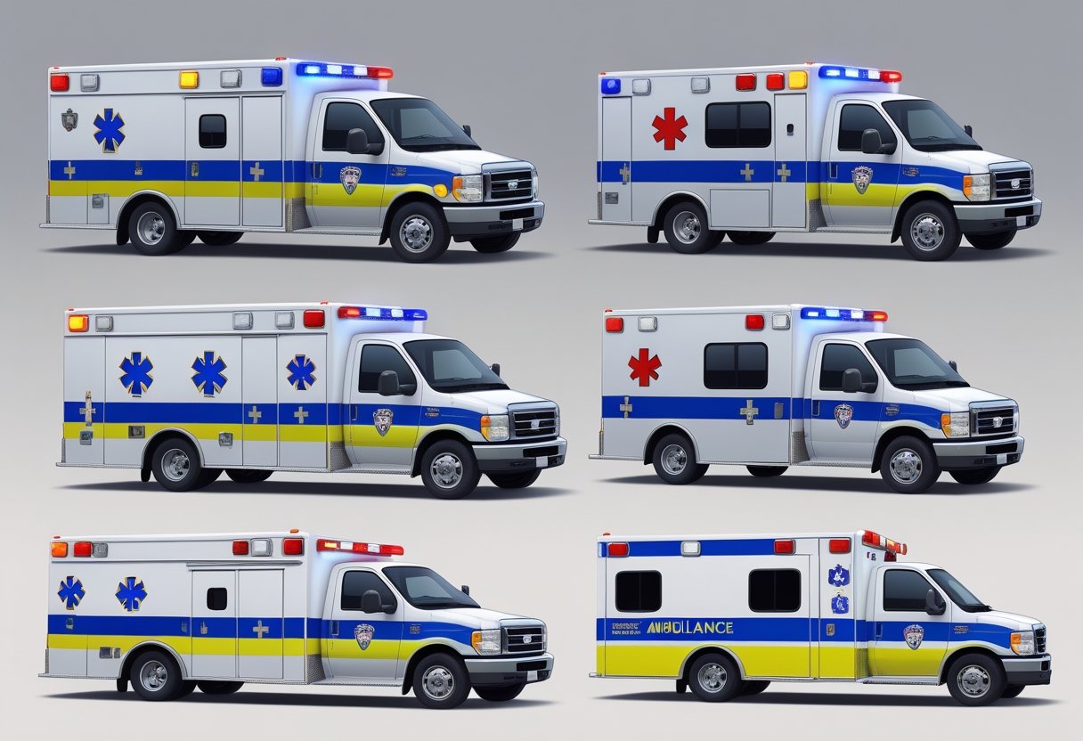 Vários tipos de ambulâncias de emergência alinhadas lado a lado, mostrando diferentes modelos usados em serviços médicos de emergência.