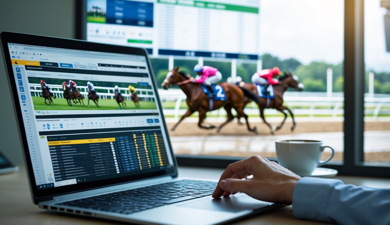 Seseorang sedang menganalisis data pertandingan balap kuda secara online di depan komputer dengan layar menampilkan balapan kuda yang sedang berlangsung.