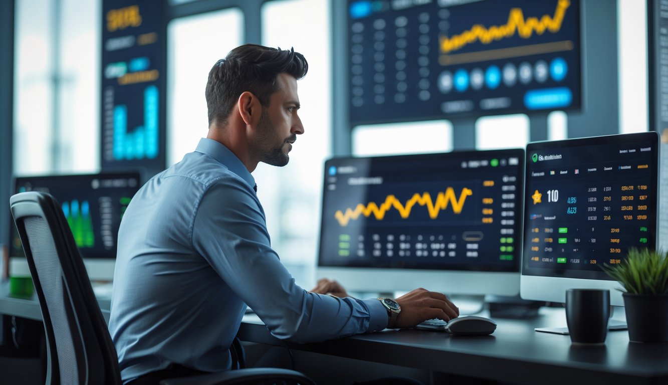 Seorang pria profesional sedang duduk di meja kantor modern dengan beberapa layar komputer yang menampilkan statistik taruhan olahraga dan pertandingan sepak bola langsung.