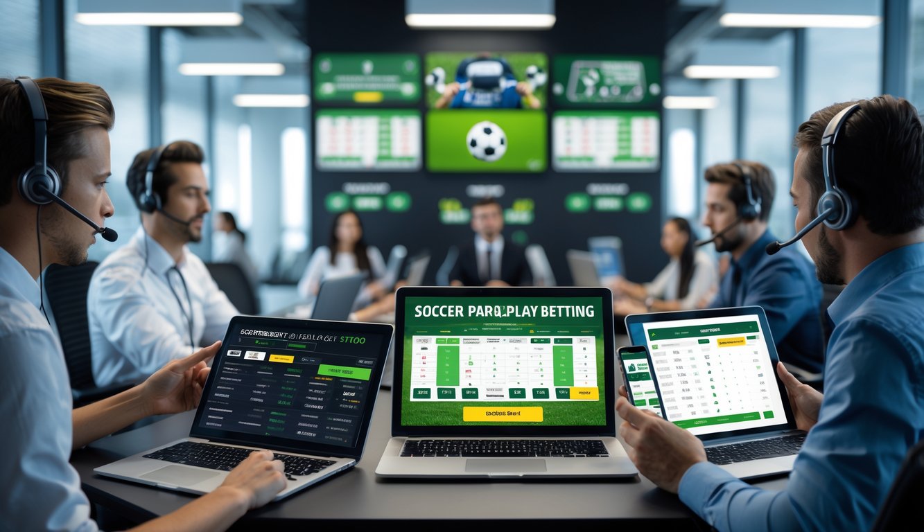 Beberapa orang menggunakan perangkat digital untuk taruhan bola sambil customer service dengan headset bekerja di kantor modern.